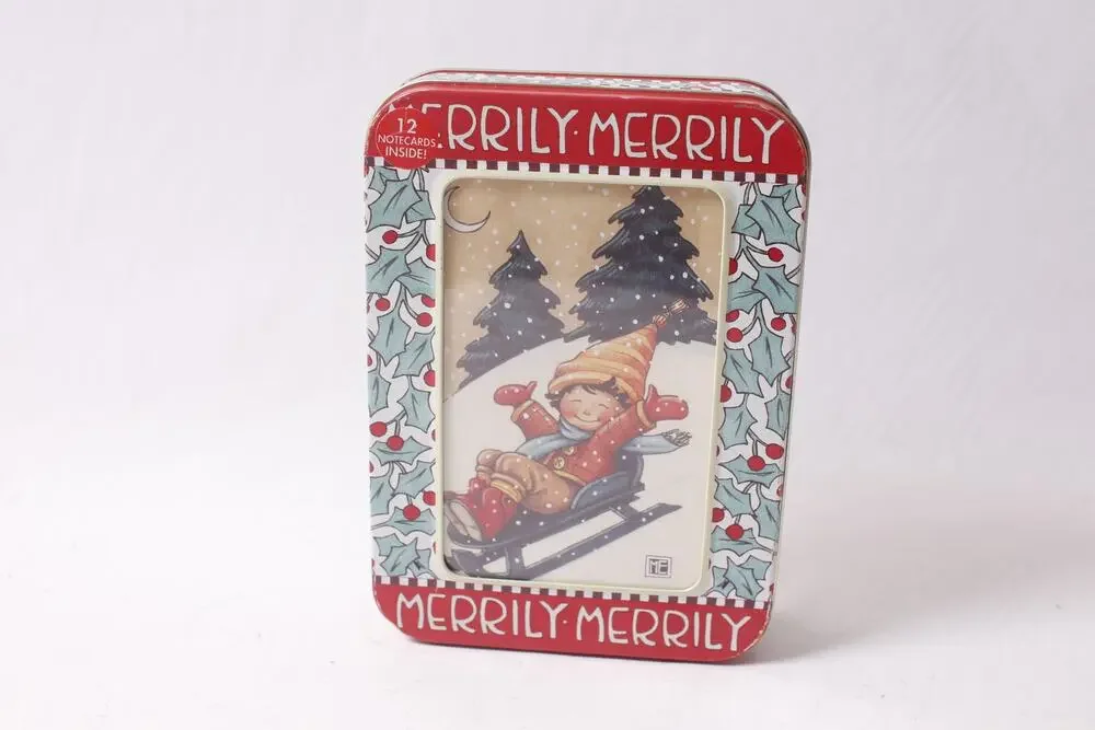 Mary Engelbreit Merrily-Merrily Tin w Christmas Cards Envelopes ~ 260618-WH 1116